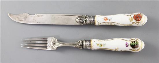 A rare Meissen porcelain handled silver knife and fork, from the Coronation Service, c.1733/4. 20.5cm and 24cm